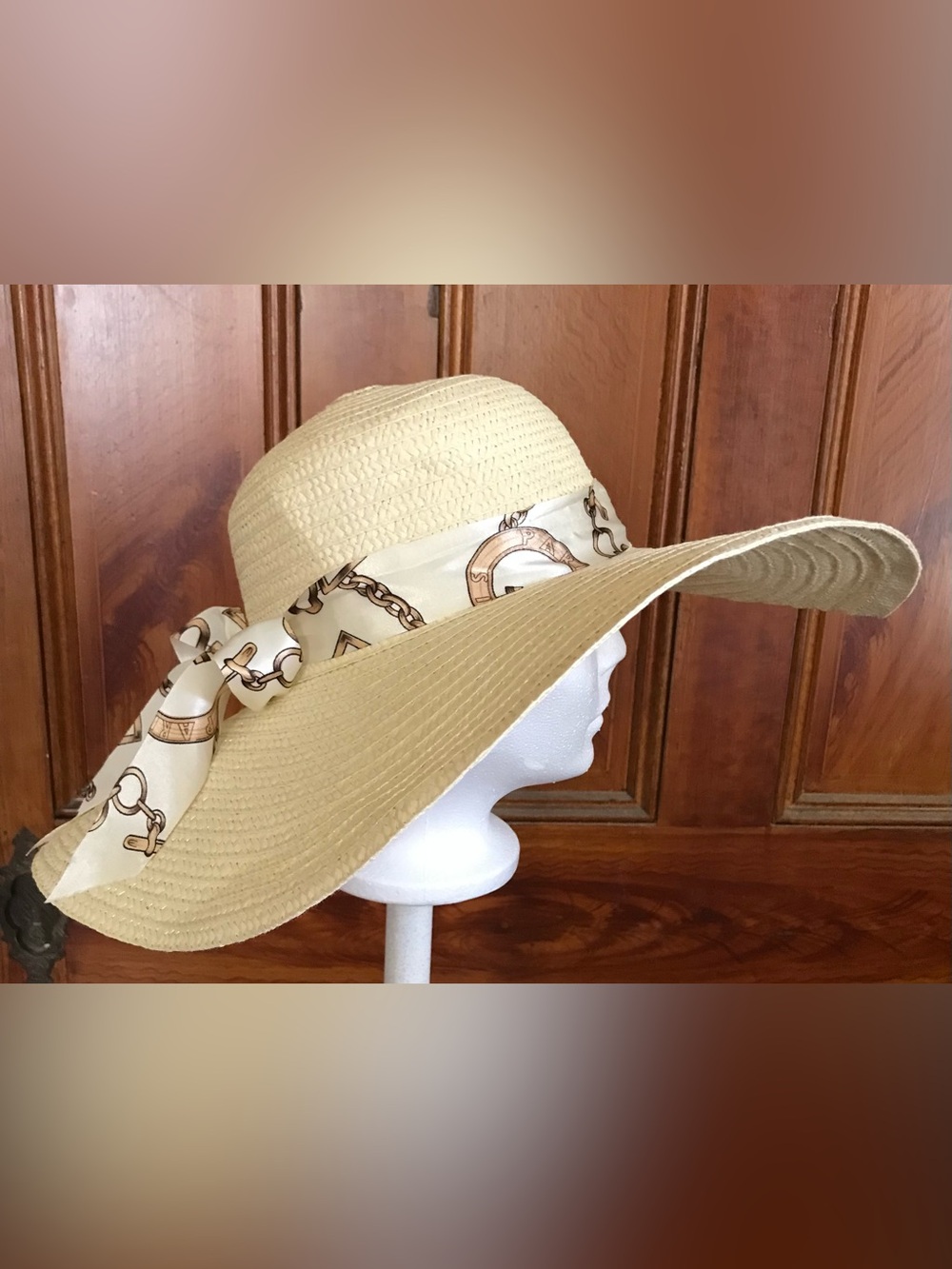 Vintage Ivory Boho Straw-style Wide-Brimmed Spring Summer Sun Hat with Satin Bow